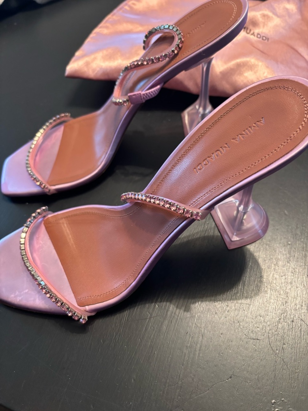 Amina Muaddi Pink Glinda Crystal-Embellished Satin Heels - Picture 2 of 5